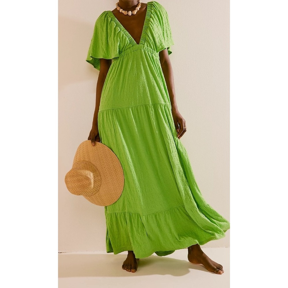 FP Beach La La Maxi Dress Kiwi Green Flutter Sleeve Boho Cottagecore Coastal L